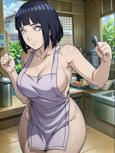 naked wearing white  apron only,, ((thick arms)), , , anime style, cute , beautiful , nice body, soft body, (hinata(boruto),  (slender body), mature woman , broad shoulders, off-shoulders, (naked wearing white  apron only,  bare arms, bare hands), smile, c...