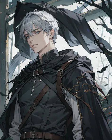 male, condescending, adult, handsome, mature face, depressed, calm, silver hair, grey eyes, detailed eyes, rogue mage, dark fore...