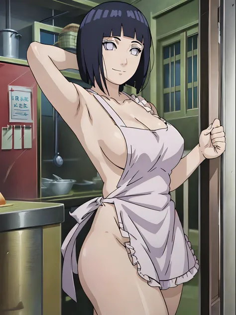 naked wearing white  apron only,, ((thick arms)), , stretching , anime style, cute , beautiful , nice body, soft body, (hinata(boruto),  (slender body), mature woman , broad shoulders, off-shoulders, (naked wearing white  apron only,  bare arms, bare hands...