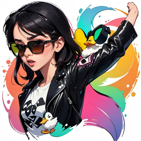 sticker illustration of ((( cute duck ,wearing sunglasses and , swearing a black leather jacket .))), full body ,sticker, 2D Style, Vectorial, Pantone colors, Splatoon custome, white border, full color background, vibrant 7-color palette playing an electri...