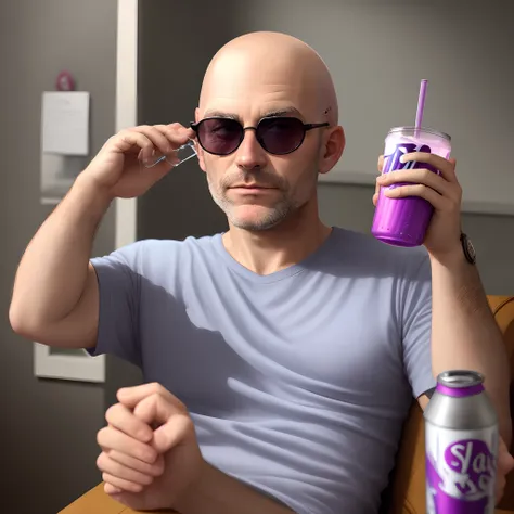 bald man wearing sunglasses and drinking grape soda in a dark room