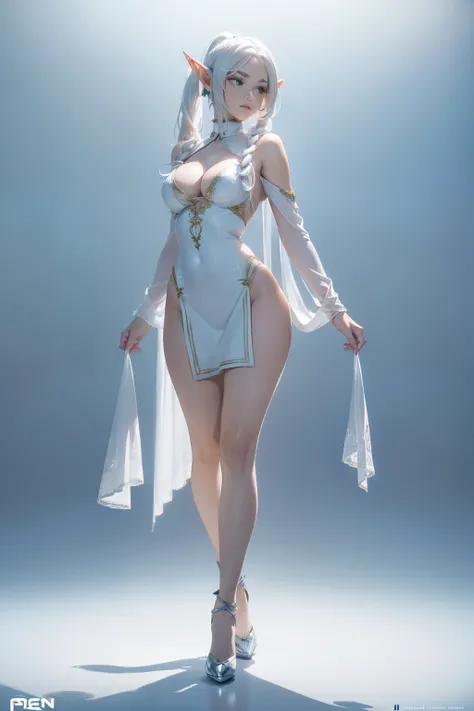 ((masterpiece, best quality, ultra-detailed, ultra-HD, photorealistic, cinematic)), ((alluring female model as Frieren)), (petite, female Elf with green eyes), (long white hair tied into two pigtails), (large, pointed ears), (voluptuous body), perfect body...