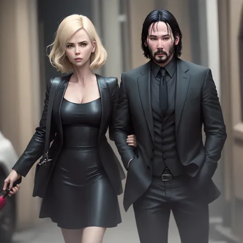 Charlize theron como atomic blond e keanu reeves com john wick