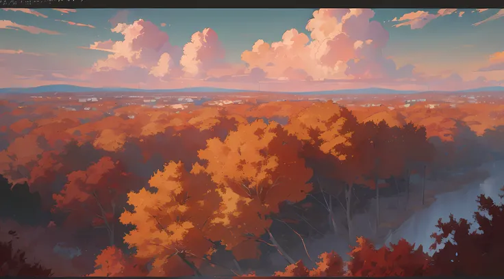 best quality, autumn, outdoors, brushwork, distant view, beautiful sky, colorful anime art, amazing visuals, beautiful anime artwork, ultrasharp, masterpiece, high res, 8k