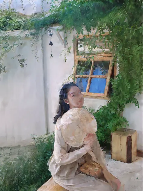 there is a woman that is sitting down on a bench，（Take a fan）, Inspired by Tang Yifen, Inspired by Huang Ji, photo shot, Inspired by Li Fangying, Inspired by Kim Chung Hee, Inspired by Huayan, with backdrop of natural light, There are ivies, 😭 🤮 💕 🎀, cotta...