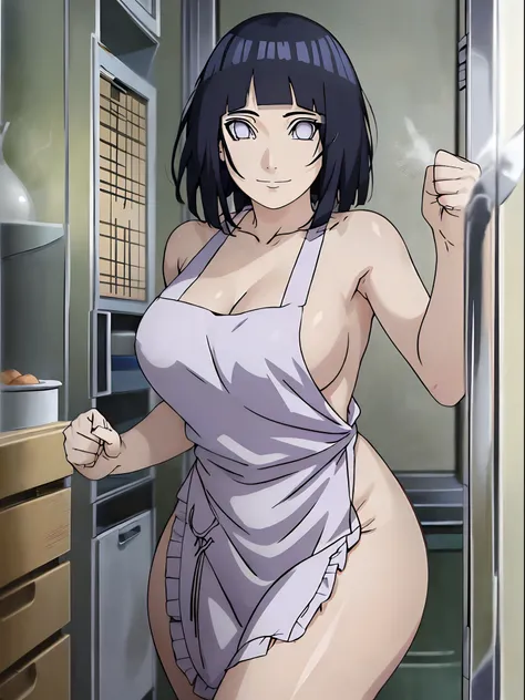 naked wearing white  apron only,, ((thick arms)), , stretching , anime style, cute , beautiful , nice body, soft body, (hinata(boruto),  (slender body), mature woman , broad shoulders, off-shoulders, (naked wearing white  apron only,  bare arms, bare hands...