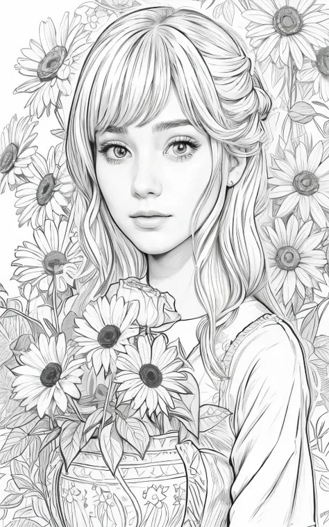 Girl with roses surrounding her, coloring book style outline