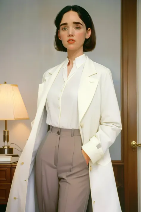 1995, Boston. Pre-raphaelite ((((40-year-old)) jennifer connelly)), doctor, hospital elegant office, working, ((((casual Clothing from the 1990s, tailored pants and blouse, white coat)))) ((short bob Hairstyle of the 1990s)), ((Wes Anderson cinematic style...