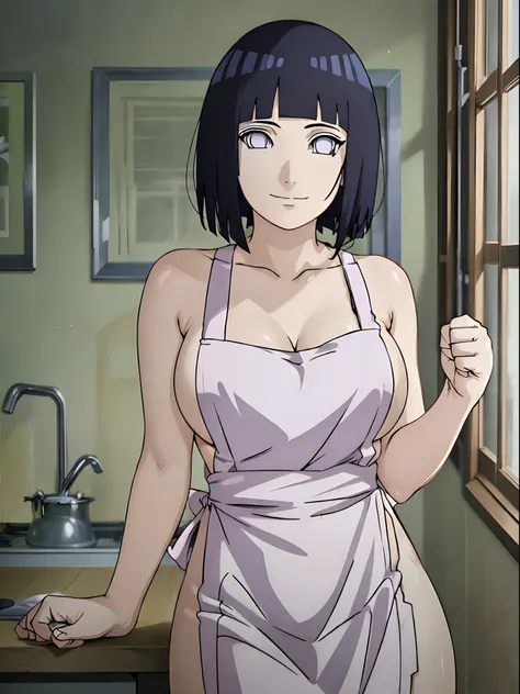 naked wearing white  apron only,, ((thick arms)), , stretching , anime style, cute , beautiful , nice body, soft body, (hinata(boruto),  (slender body), mature woman , broad shoulders, off-shoulders, (naked wearing white  apron only,  bare arms, bare hands...