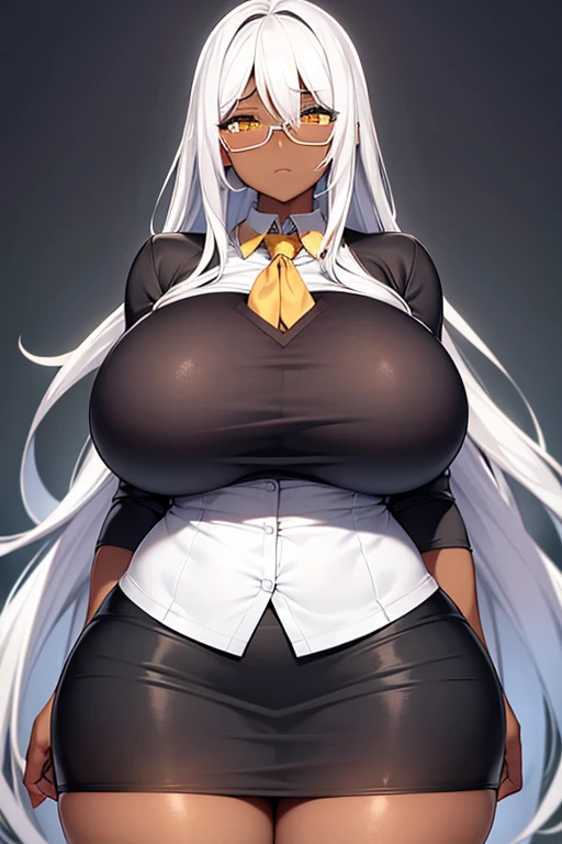 Dark skin, pencil skirt, dark body, teacher, yellow eyes, white hair, mini-skirt, huge breasts, breasts, thick thighs, wide hips, glasses, long hair, white shirt, serious, 1girl