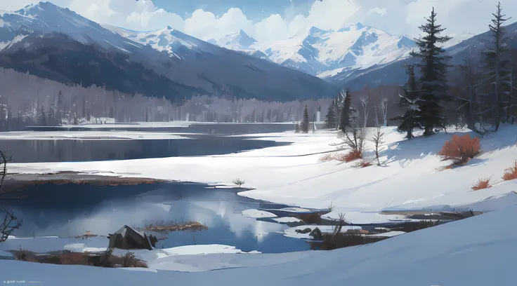 beast quality, winter, heavy snow, snow plains, small lake in the background, distant view, amazing scenery, amazing visuals, beautiful anime artwork, ultrasharp, masterpiece, high res, 8k