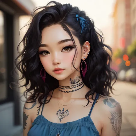 girl blue medium length wavy hair piercings tattoos