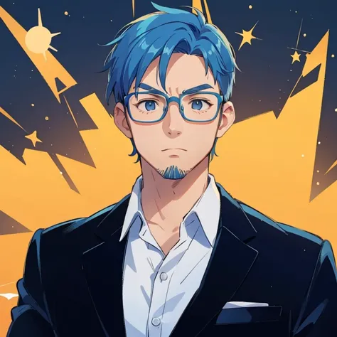 Blue hair, glasses, adult man, cool pose,