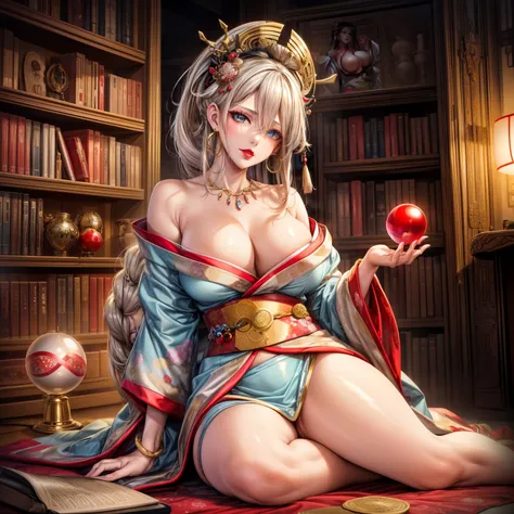 Masterpiece, Best Quality, (((Solo mature woman Janet))), (((platinum blonde hair))), long braided Ponytail, (((wide hips))), (((light blue eyes))), full lips, seductive smile, cleavage, sitting on wooden throne, (((bookshelves, candles))) sunset, blushing...