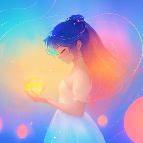 beautiful girl in sparkling white ballgown holding a glowing sphere, glowing puffy layered ballgown, (magical, whimsical), (magical orb), long flowing colorful hair, colorful fantasia background, watercolor illustration, disney art style, glowing aura arou...