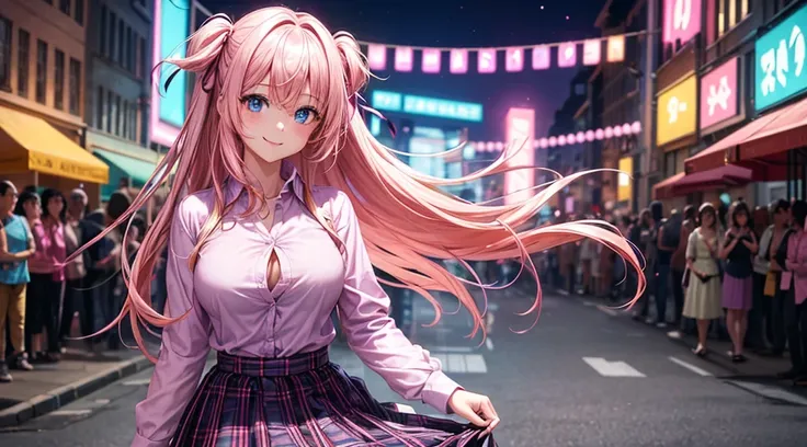 1girl, solo, new year, street, lights, long hair, pink hair, large breasts, button down, ((opened shirt)), dark blue eyes, ((pink shirt)), ((checked shirt)), ((long skirt)), cleavage, smile, looking at the viewer, moving, hair ribbon