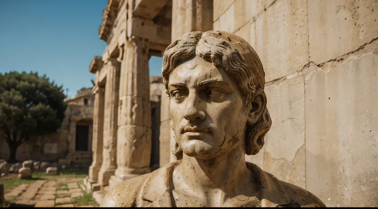 Ancient Stoic Statue With Very Angry Expression, tem barba, muitos detalhes em ambos os olhos, Outside, fundo atenas grego, open sky, com rosto extremamente detalhado full body view, Colors with low saturation with dark tone, Filmado em Sony A7S III com So...