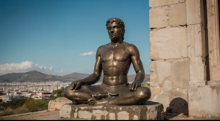 Ancient Stoic Statue With Very Angry Expression, tem barba, muitos detalhes em ambos os olhos, Outside, fundo atenas grego, open sky, com rosto extremamente detalhado full body view, Colors with low saturation with dark tone, Filmado em Sony A7S III com So...