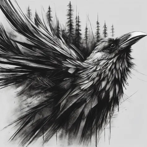 a black and white drawing of a bird with long feathers, intricate charcoal illustration, detailed crow illustration, artistic drawing of a crow, arte escura altamente detalhada, intrincada obra de arte digital, desenho a tinta intrincado, arte em preto e b...