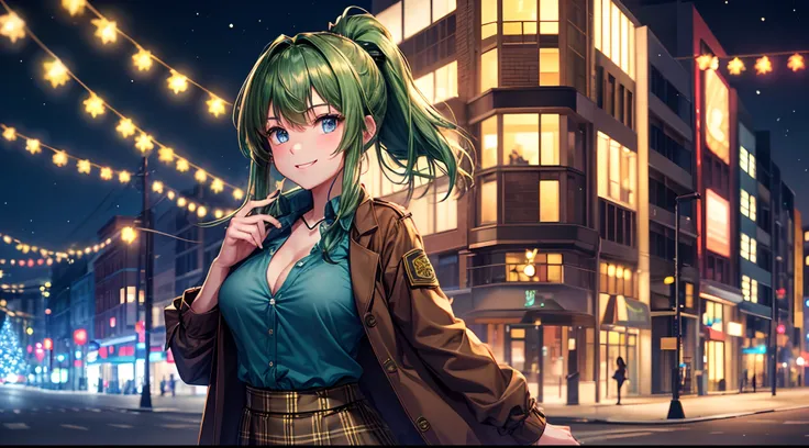 1girl, solo, full body, christmas, christmas tree, street, night, lights, giving gift, long hair, green hair, ponytail, large breasts, button down, ((opened brown short jacket)), dark blue eyes, ((blue shirt)), checked shirt, ((unbuttoned shirt)), ((long s...