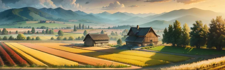 （（Crayon painting）），best qualtiy，high saturated，Pubic area is clear，reasonable structure，Rustic，Rustic，mont，chimney，云，Skysky，rice fields，Farmland，Wheat field，wheat，evening glow