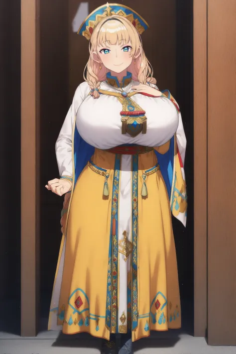 galko,1girl, solo,woman-medieval-cloths,priestess, full body, gyaru, huge breast, curvy, tunic