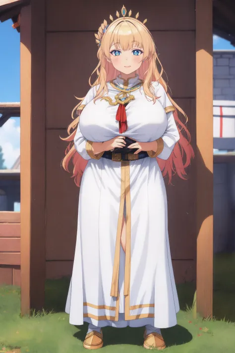 galko,1girl, solo,woman-medieval-cloths,priestess, full body, gyaru, huge breast, curvy, tunic