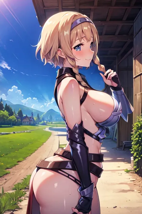 LeinaQuiron woman, 1girl, solo, breasts, blush, blue eyes, blonde hair, large breasts, cleavage, braid, hairband, armor, twin braids, side braid, short hair with long locks, buckle, shield BREAK (masterpiece, best quality:1.3), 4k, ultra-detailed, trending...