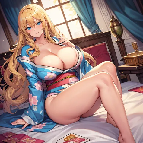 Masterpiece, Best Quality, (((Solo mature woman))), (((long blonde hair))), (((wide hips))), (((beautiful blue eyes))), full lips, seductive smile, large chest, curvy, sexy, ((on bed)) (((wearing pink with white floral kimono))), [Janet], [Alice], (((solo)...