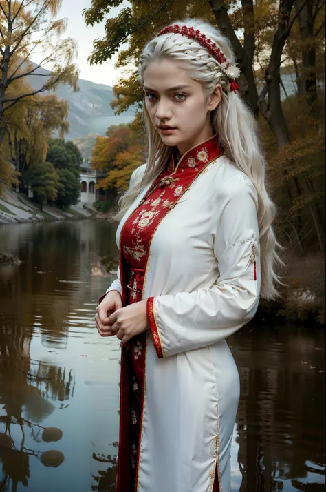 masterpiece,best quality,ultra-detailed,1girl,md,by the lake,chinese clothing,white hair,red eyes, full body