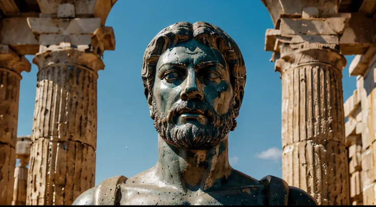 Ancient Stoic Statue With Very Angry Expression, tem barba, muitos detalhes em ambos os olhos, Outside, fundo atenas grego, open sky, com rosto extremamente detalhado full body view, Colors with low saturation with dark tone, Filmado em Sony A7S III com So...