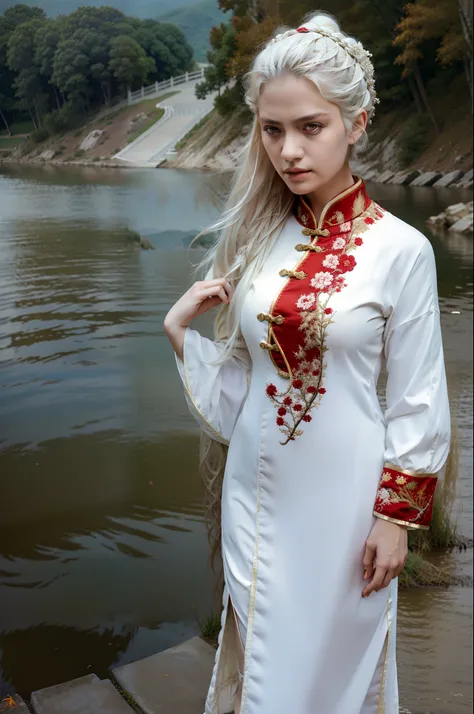 masterpiece,best quality,ultra-detailed,1girl,md,by the lake,chinese clothing,white hair,red eyes, full body