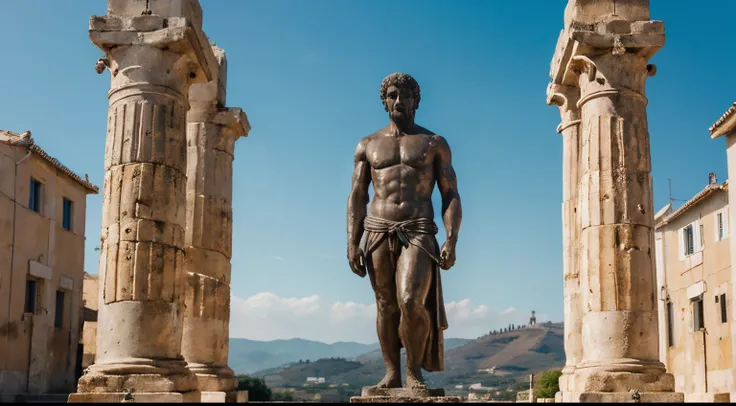 Ancient Stoic Statue With Very Angry Expression, tem barba, muitos detalhes em ambos os olhos, Outside, fundo atenas grego, open sky, com rosto extremamente detalhado full body view, Colors with low saturation with dark tone, Filmado em Sony A7S III com So...