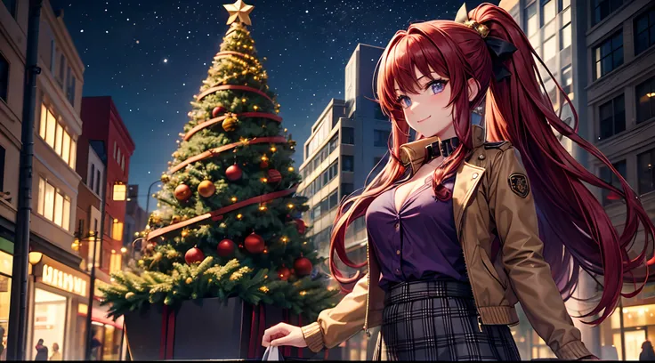 1girl, solo, full body, christmas, ((christmas tree)), street, night, lights, snow, giving gift, long hair, red hair, curly hair, ponytail, large breasts, button down, ((opened brown zipper jacket)), dark blue eyes, ((purple shirt)), checked shirt, ((unbut...