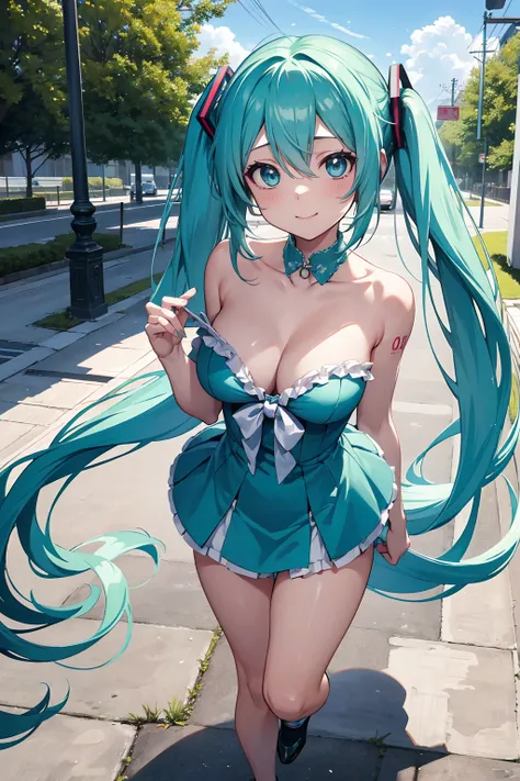 (personnage de hatsune miku), tosca couleur de cheveux, longs poils à deux queues avec des poneys, regarder la vue, les yeux sur...