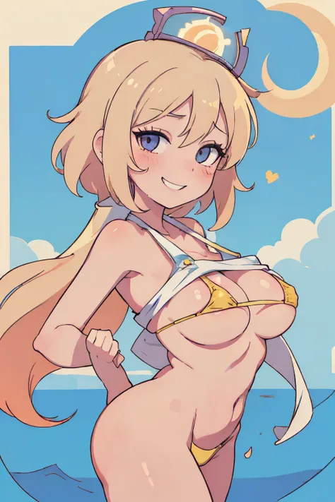 (((Chibi Chara,2 head body,animesque))),(((a blond,gals,heavy make up))),(((Yellow Micro Bikini,Swimwear with a small area,Sweaty body,Midsummer beach,The sun is dazzling,blue open sky))),((独奏)),((masutepiece,cowboy  shot,Angle from above,Wide background,F...