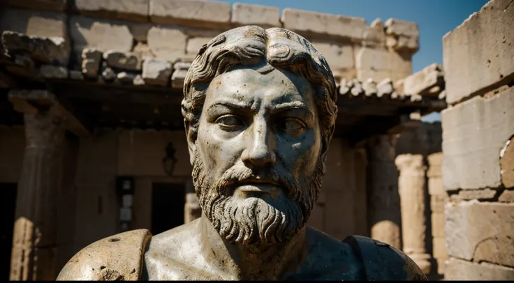 Ancient Stoic Statue With Very Angry Expression, tem barba, muitos detalhes em ambos os olhos, Outside, fundo atenas grego, open sky, com rosto extremamente detalhado full body view, Colors with low saturation with dark tone, Filmado em Sony A7S III com So...