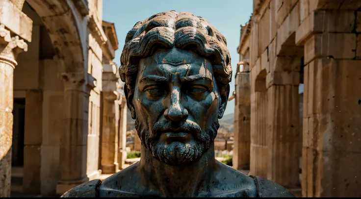 Ancient Stoic Statue With Very Angry Expression, tem barba, muitos detalhes em ambos os olhos, Outside, fundo atenas grego, open sky, com rosto extremamente detalhado full body view, Colors with low saturation with dark tone, Filmado em Sony A7S III com So...