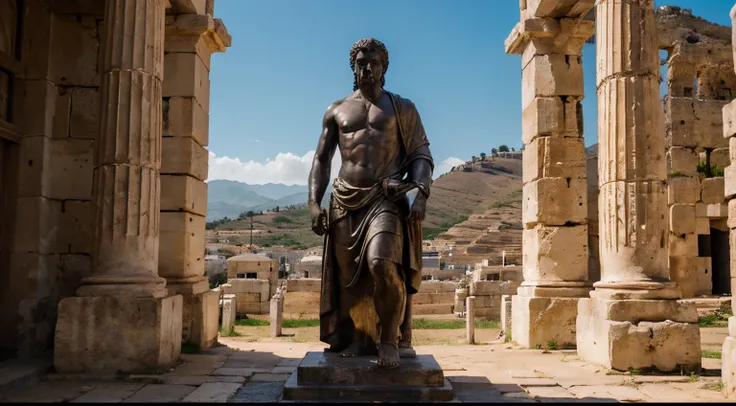 Ancient Stoic Statue With Very Angry Expression, tem barba, muitos detalhes em ambos os olhos, Outside, fundo atenas grego, open sky, com rosto extremamente detalhado full body view, Colors with low saturation with dark tone, Filmado em Sony A7S III com So...