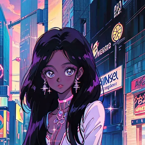 1girl, silky black hair, magical girl, dark skin, magical, glowing, daytime in the city.