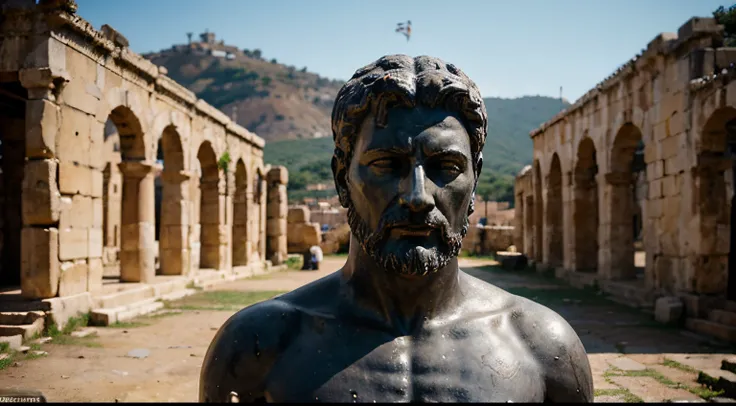 Ancient Stoic Statue With Very Angry Expression, tem barba, muitos detalhes em ambos os olhos, Outside, fundo atenas grego, open sky, com rosto extremamente detalhado full body view, Colors with low saturation with dark tone, Filmado em Sony A7S III com So...