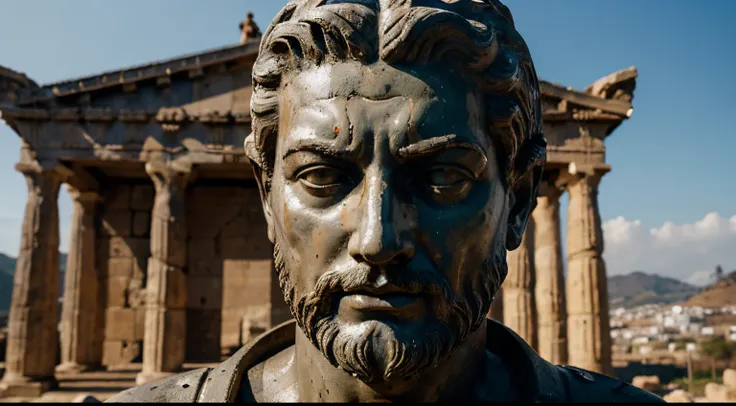 Ancient Stoic Statue With Very Angry Expression, tem barba, muitos detalhes em ambos os olhos, Outside, fundo atenas grego, open sky, com rosto extremamente detalhado full body view, Colors with low saturation with dark tone, Filmado em Sony A7S III com So...