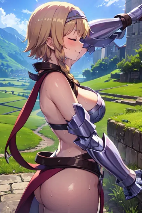 LeinaQuiron woman, 1girl, solo, breasts, blush, blue eyes, blonde hair, large breasts, cleavage, braid, hairband, armor, twin braids, side braid, short hair with long locks, buckle, shield BREAK (masterpiece, best quality:1.3), 4k, ultra-detailed, trending...