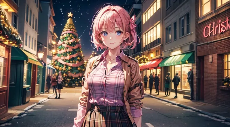 1girl, solo, ((christmas tree)), street, lights, snow, short hair, chestnut hair, large breasts, button down, ((opened brown zipper jacket)), dark blue eyes, ((pink shirt)), ((checked shirt)), ((unbuttoned shirt)), ((long skirt)), smile, looking at the vie...