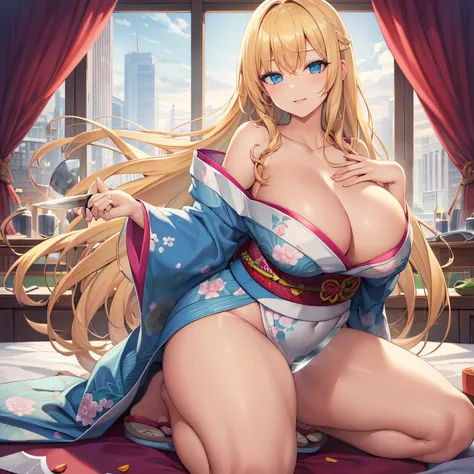 Masterpiece, Best Quality, (((Solo mature woman))), (((long blonde hair))),  (((wide hips))), (((beautiful blue eyes))), full lips, seductive smile, large chest, curvy, sexy, ((kneeling on bed)) (((wearing pink with white floral kimono))), [Janet], [Alice]...