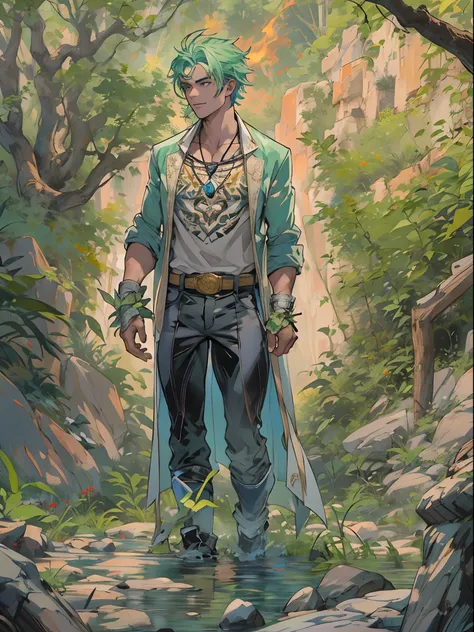 un primer plano de un hombre con una llama verde en la cabeza y torso, humano resplandeciente, Como se ilustra en Top Cow Comics, Brillando en poder, Sosteniendo fuego verde, Hoja de alma verde brillante,esqueleto,esqueleto humano,huesesos,deretirse,nuclea...