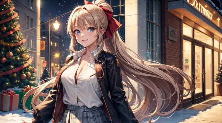 1girl, solo, ((christmas tree)), street, lights, snow, long hair, chestnut hair, ponytail, large breasts, button down, ((opened brown zipper jacket)), dark blue eyes, ((white shirt)), ((unbuttoned shirt)), ((long skirt)), smile, looking at the viewer, stan...