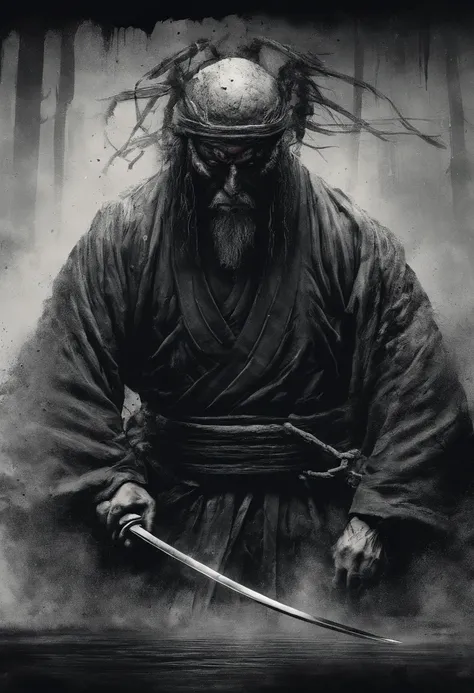 historique, un vieil homme, samurai,battered,bare-chested, Japanese Katana Sword, Cheveux longs et blancs, longue barbe blanche，samurai,papi, Burst，S agenouilla，Seppuku tue