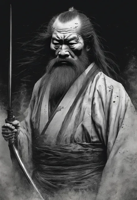 historique, un vieil homme, samurai,battered,bare-chested, Japanese Katana Sword, Cheveux longs et blancs, longue barbe blanche，samurai,papi, Burst，S agenouilla，Seppuku tue