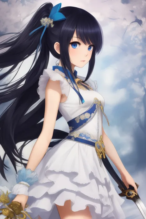 Genshin Impact, Detailed, Anime Girl, Long Hair, White Blue and Black Hair, Blue Eyes, Black Eyes, Fontaine, Holding a Sword, Frilly Dress, White Dark Blue Dress, Blue Flowers in Hair, Blue Bows on Dress